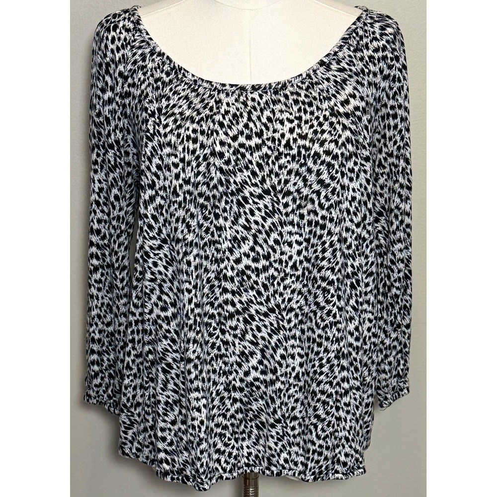 Michael Michael Kors Black White Animal Print Scoop Neck 3/4 Sleeve Blouse L
